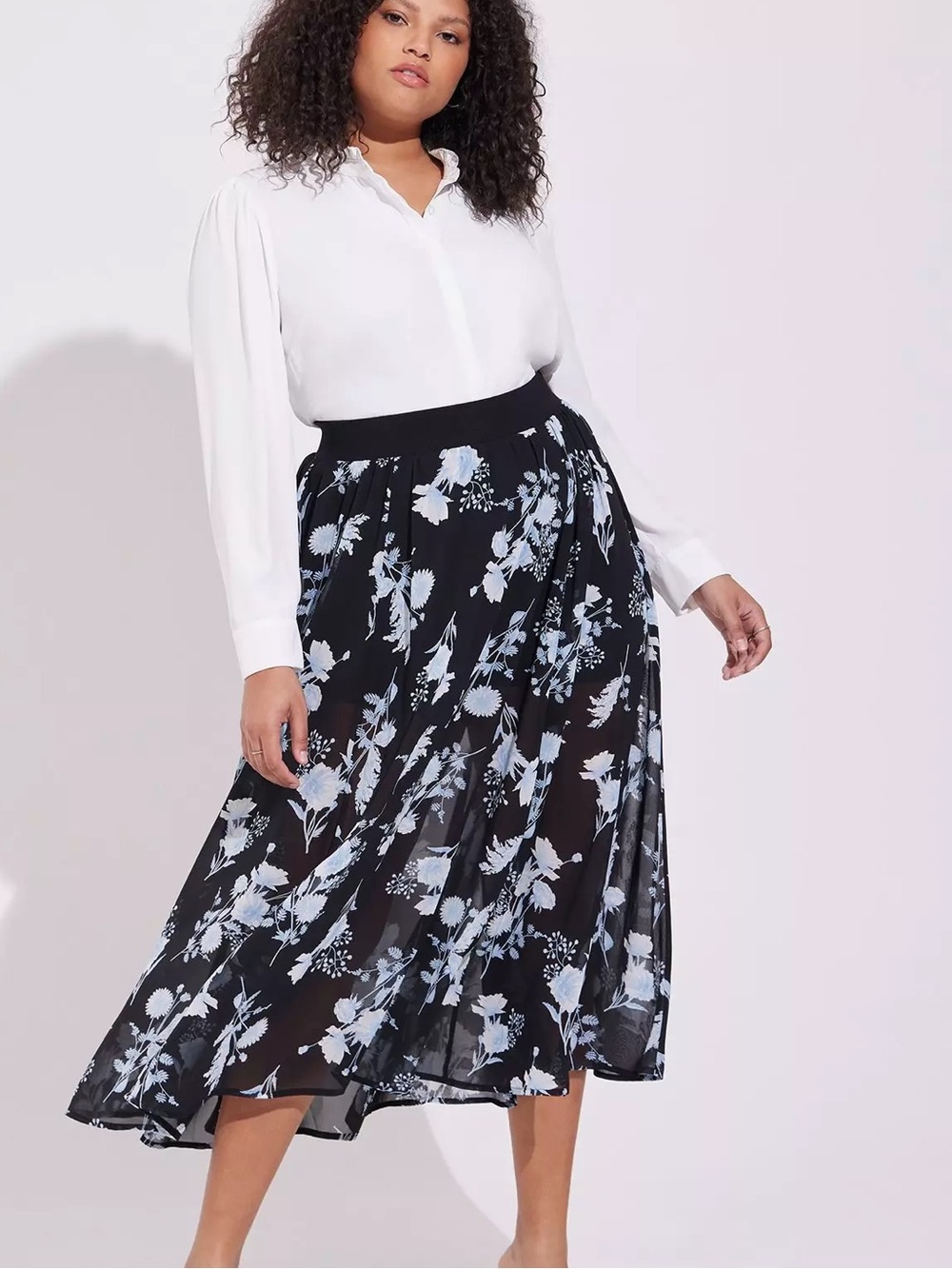 Womens Black Floral Midi Skirt with Light Blue Bloom
